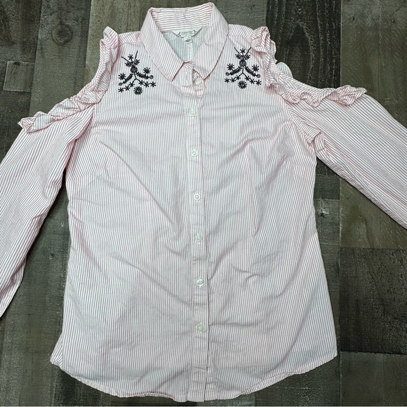 Nanette Lepore Flamingo Dream Pink Ruffled Cold Shoulser Button Down Shirt Small - Picture 7 of 11